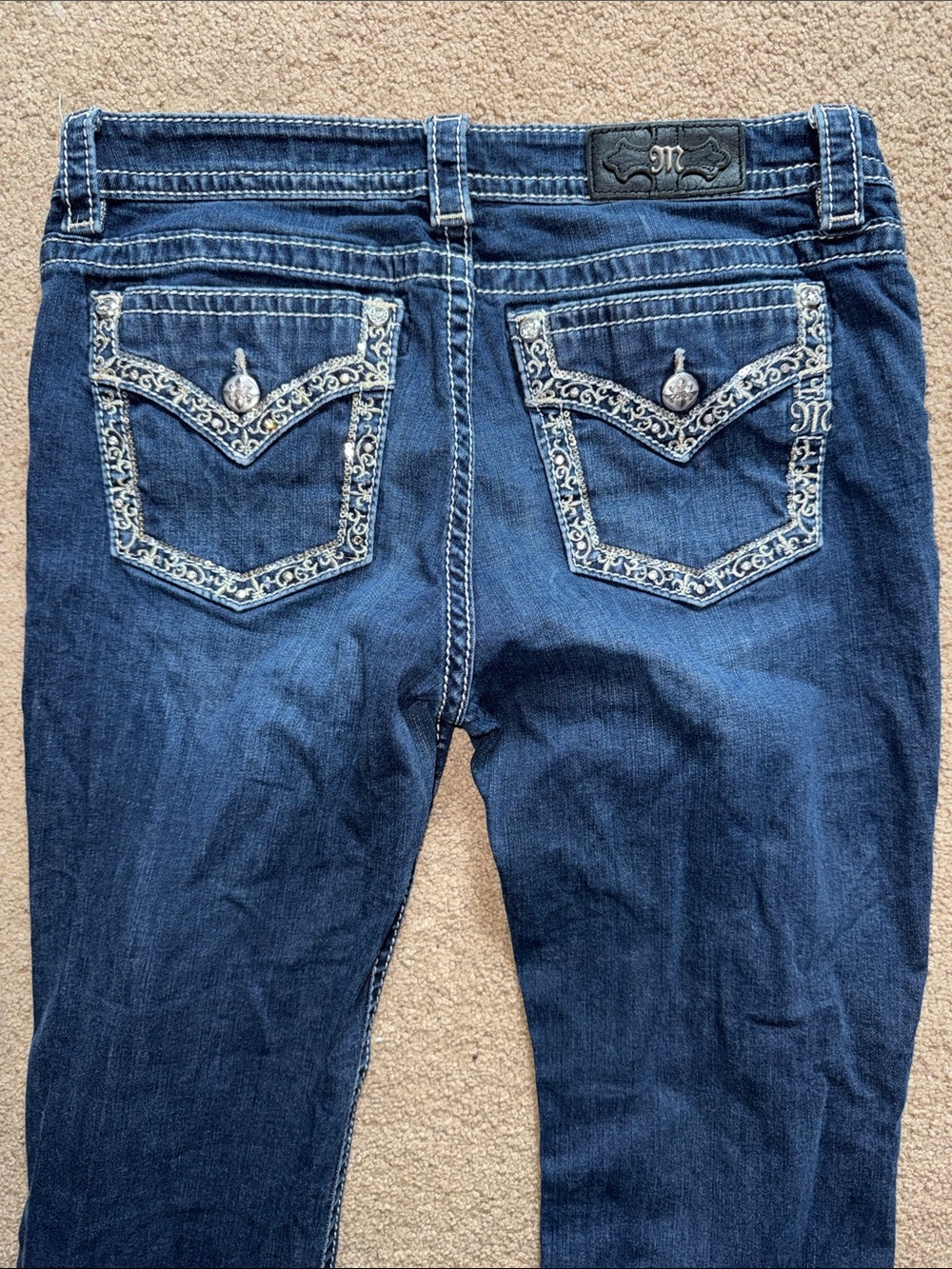 Miss Me Dark Blue Straight Leg Jeans with Embroidered Jewel Pockets